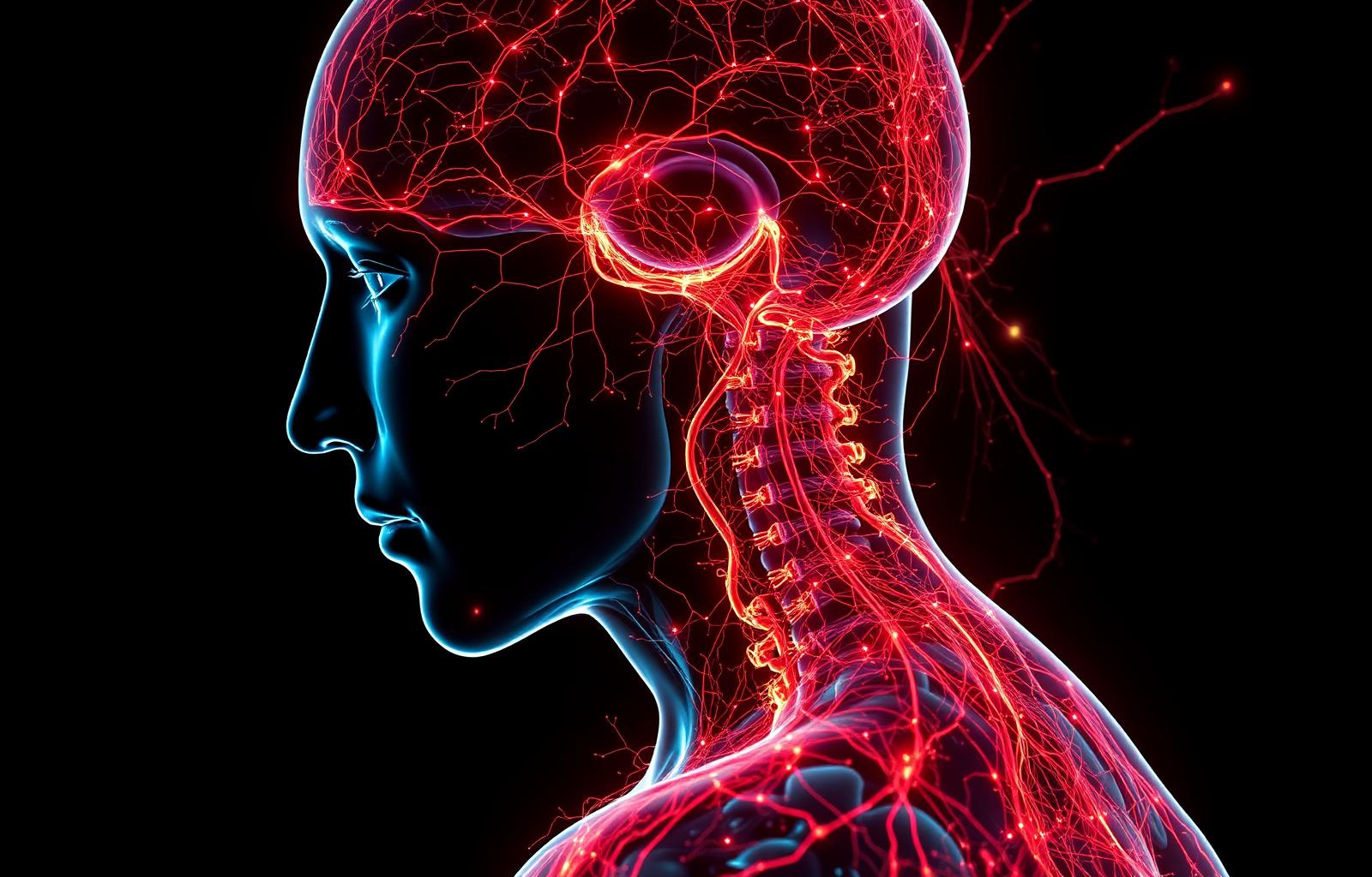 Visualización del sistema nervioso conectando cerebro, médula y músculo