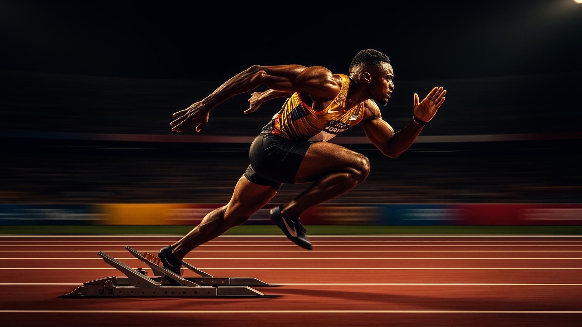 Sprinter saliendo de los tacos en una pista de atletismo de noche